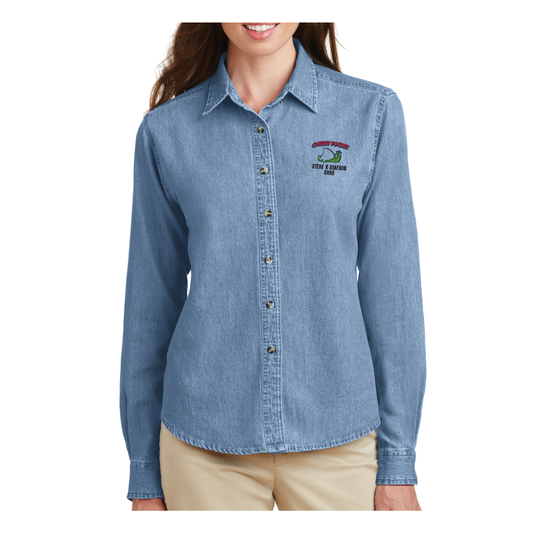 Cherry Pocket Denim Women's Long Sleeve Shirt - Left Chest Imprint